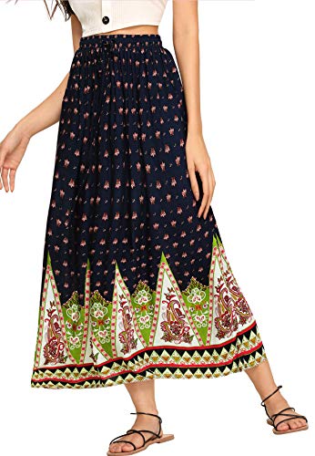 Milumia Women's Boho Vintage Print Pockets Side A Line Maxi Skirt Black and Green X-Small
