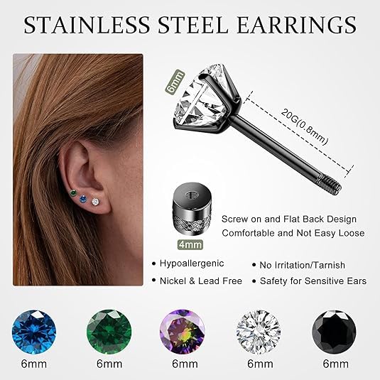 ONESING Screw Back Mens Earrings Stud Surgical Stainless Steel Studs Earrings for Women Men Hypoallergenic Cubic Zirconia Flat Back Screw on Earring for Multiple Piercing2