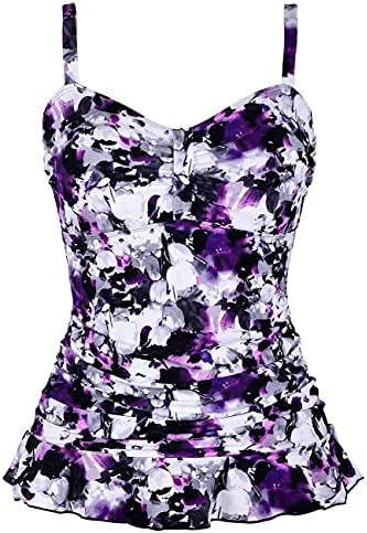 Hilor Women's 50's Retro Ruched Tankini Swimsuit Top with Ruffled Hem Purple Floral 18