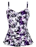 Hilor Women's 50's Retro Ruched Tankini Swimsuit Tops with Ruffle Hem Purple Floral 10