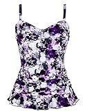 Hilor Women's 50's Retro Ruched Tankini Swimsuit Top with Ruffled Hem Purple Floral 14