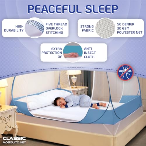 Image of Classic Mosquito Net Premium for King Size Bed | 30 GSM Polyester Fine Mesh | Foldable Pop Up Machardani for Double Bed | 360 Mosquito & Insect Protection | Washable & Reusable | Blue