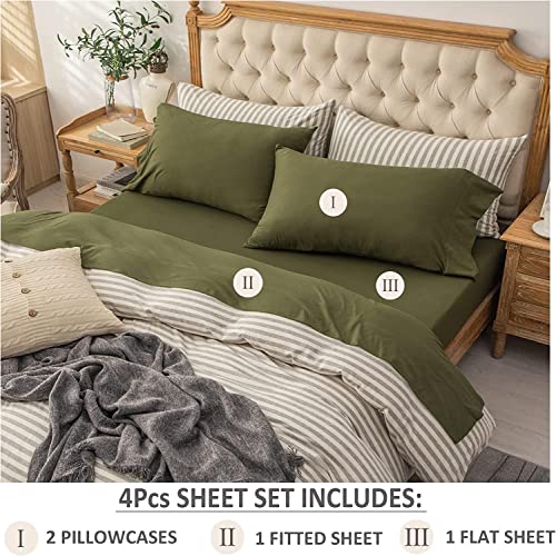 PURE ERA Jersey Knit 4pc Bed Sheet Set 100% T-Shirt Cotton Super Soft Comfy Breathable Fits Mattress Up to 20" Extra Deep Pocket (Solid Olive Green, Cal King)