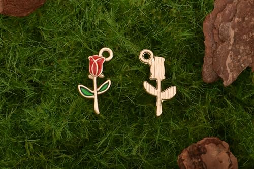 Image of VIDRIO Pack of 80 Long Stem Rose Flower Enamel Charms Gold Plated Colored Pendants Accessories for Necklace Bracelet Jewelry Making DIY Crafting