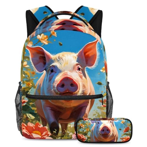 Sac à dos fonctionnel 2 pièces cochon et fleur pour étudiants multicolore B
