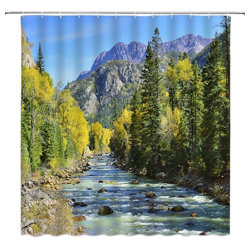 AMFD Mountain Shower Curtain Nature Mountain Forest Scenic Green Pine Tree Stream Landscape Fabric Bathroom Decor Set Include Hooks,(70" WX70 H)