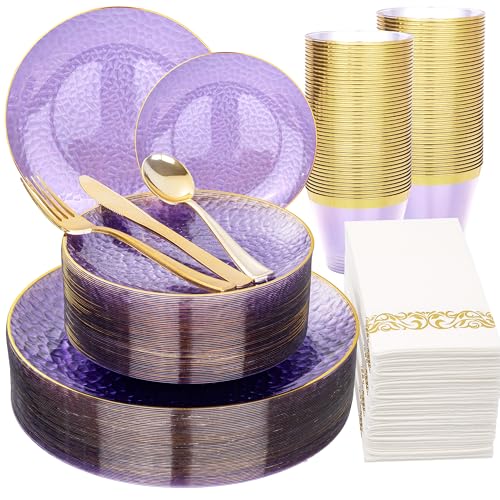 Rubtlamp 175 Pcs Purple Plastic Dinnerware Set (25 Guests) Clear Purple Plates With Gold Rim Hammered Party Platos Plates And Cups And Napkins Sets for Wedding Party&Graduation