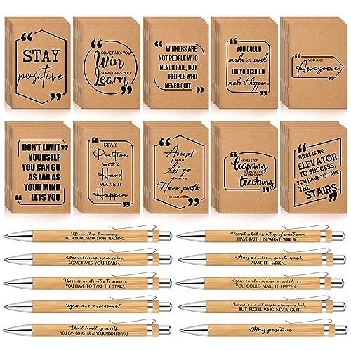 Fulmoon 100 Pcs Inspirational Notepad Motivational Pen Set Positive Affirmation Gift Encouragement Mini Pocket Notebook Bulk Journal Bamboo Pen for Employee Teacher Students Team Volunteers