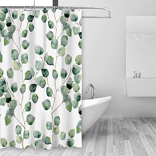 Artsocket Shower Curtain Watercolor Green Floral Leaf Eucalyptus Round Leaves Succulent Pattern Branches Home Bathroom Decor Polyester Fabric Waterproof 72 X 72 Inches Set With Hooks #TOP2