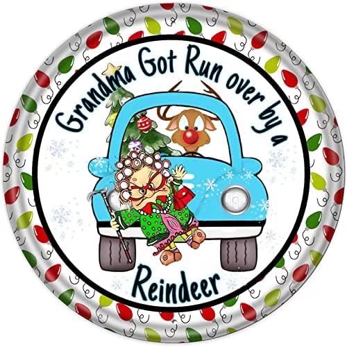 Grandma Got Run Over by A Reindeer Vintage Style Round Metal Tin Sign Home,Living Room,Kitchen,Dining Room,Bedroom,Farmhouse,Wall Decoration 12x12 inches