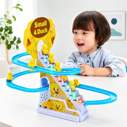 Image of KmCho Duck Track Toy for Kids, Automatic Stair Climbing Duck Set with Flashing LED Lights & Music, Cartoon Duck Escalator Race Track Toy, Educational Battery Operated Toy for Boys & Girls