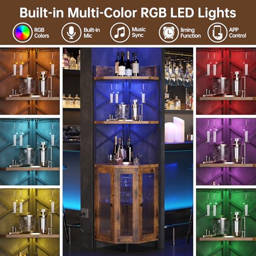 Corner Bar Cabinet with Power Outlet, 5-Tier Corner Wine Cabinet with Led Strip and Glass Holder, Industrial Tall Liquor Cabinet Bar Wine Rack for Home, Rustic Brown - Image 5
