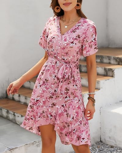 Image of Womens Wrap V Neck Short Sleeve Dress 2025 Summer Floral Boho Dress Ruffle A Line Flowy High Low Midi Dresses