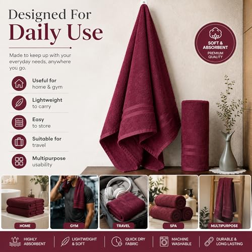 Image of Divine Casa 100% Cotton Bath Towel Set of 2, 550 GSM Ultra Soft Highly Absorbent Thick Towels, Large 75 x 150 cm, Maroon & Green Combo