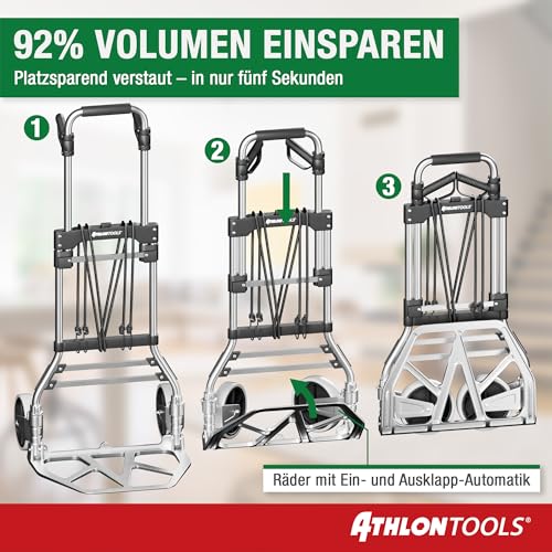 Foto von ATHLON TOOLS Schwerlast-Sackkarre klappbar 150 kg TÜV geprüft – Aluminium, große kugelgelagerte Räder mit Soft-Laufflächen, 2 Expanderseile