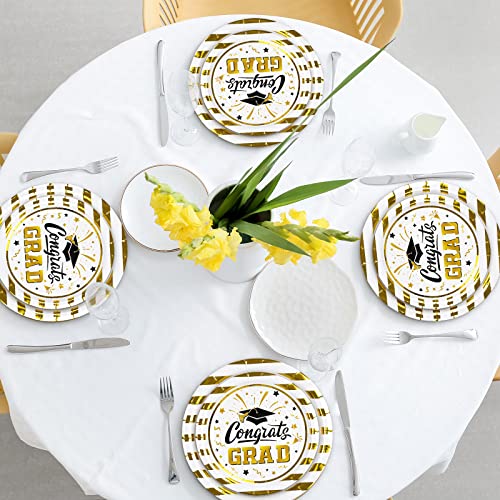Whaline 40Pcs Graduation Paper Plates Congrats Grad Round Disposable Plates 9Inch & 7Inch White Gold Striped Decorative Tableware For College School Graduation Party Supplies Table Decorations #TOP3