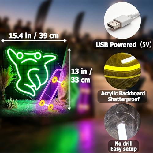 Image of Skateboard Frog Neon Sign for Wall Decor Light Up Sign Led Signs for Room Party Home Wall Decor USB Powered