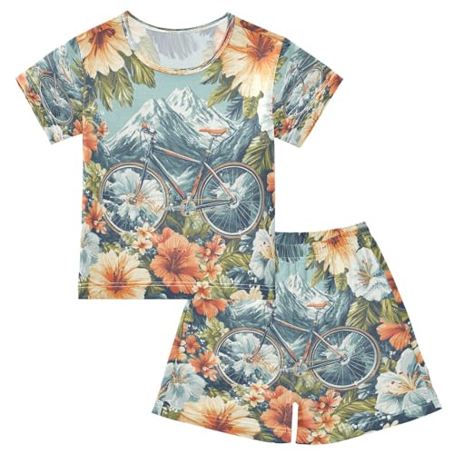 Pajama Sets Short Sleeve Bicycle Floral Mountain Soft Cotton Summer Sleepwear 2 Piece PJS Size 5-14T