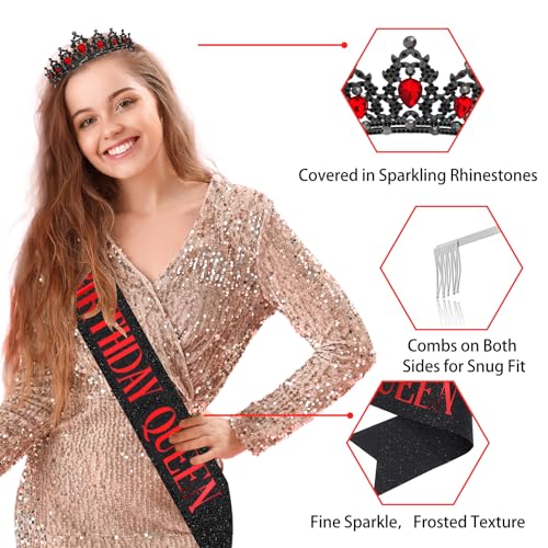 Image of Roetyce Red Birthday Decorations for Women, Black and Red Birthday Queen Sash & Crown Banner Backdrop Balloons Hanging Swirls Kit Gift for Her, Bday Party Backdrop Background
