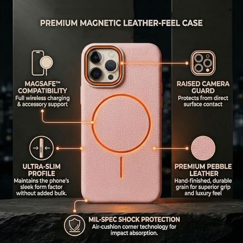 Image of amazon basics Luxury MagSafe Compatible Leather Texture Back Cover for iPhone 11 | Raised Camera Protection | Slim Fit Shockproof Case with Metallic Accents (Pink)