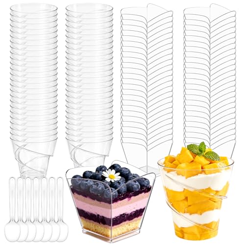 YUEONEWIN 100 Stück Dessertgläser Plastik Dessertbecher Plastik 160ml mit Löffel-2 Verschiedene Designs Wiederverwendbar Dessertgläser für Eis Mousse Pudding Party Geburtstag Hochzeiten