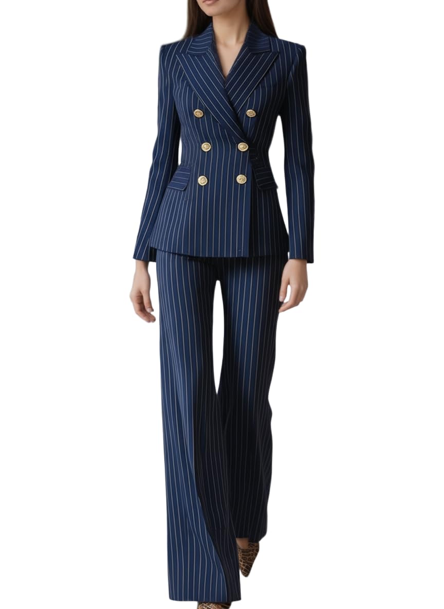 2 Piece Pinstripe Pant Suit for Women Double Breasted Womens Suiting Business Office Outfits Lady Work Suit Set