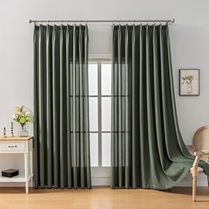 AOWELLOW Olive Green Semi Sheer Pinch Pleated Curtains 108 Inches Long, Extra Long Light Filtering Linen Curtains & Drapes, Privacy Boho Modern Farmhouse Decor for Farmhouse Living Room
