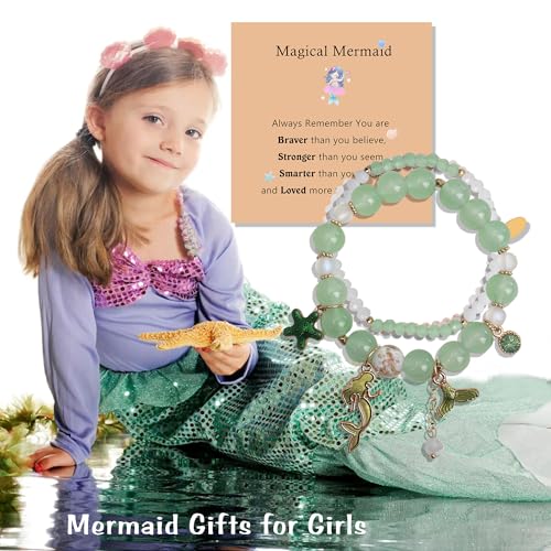 Image of LZ Emotion 2 Pcs Mermaid Bracelet Set Beaded Mermaid Charm Bracelets Starfish Summer Jewelry Mermaid Gifts Birthday Party Decoration