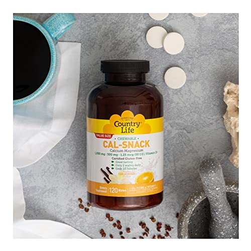 Country Life Cal-Snack, Chewable Calcium, Magnesium With Vitamin D, 1000Mg/500Mg/50 Iu, Dairy-Free, Vanilla Orange Flavor, 120 Wafers, Certified Gluten Free, Certified Vegan #TOP4