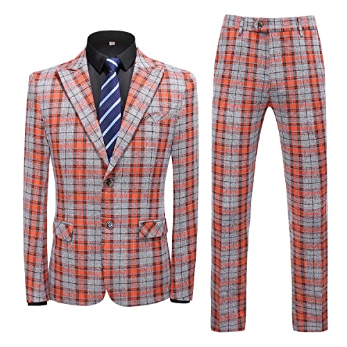 UNINUKOO Mens Suit Slim Fit 3 Piece Plaid Checked Tuxedo Formal Business Wedding Suits for Men US Size 42 Orange2