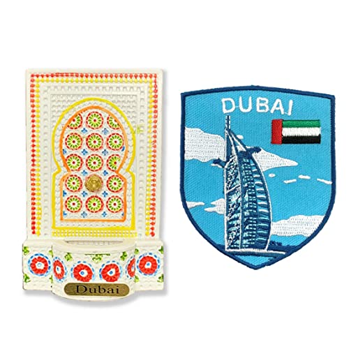 A-ONE United Arab Emirates Decorative Dubai 3D Poly Fridge Magnet 1PC+Burj Al Arab Clothing Embroidery Patch 1PC, Decoration Photo Magnet, Biker Patch for Accessory Tourist Souvenir C176+229