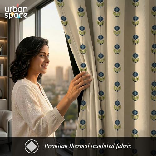 Image of Urban Space 100% Blackout Window Curtains 5 Feet Long Set of 2 | Printed Blackout Curtain | Thermal Insulated Curtains for Living Room, Bedroom Decor, Tieback Included (Lotus Trail, 5 Feet)