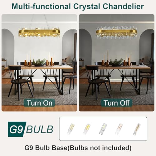 Image of AioTio Modern Crystal Chandelier, L35.4'' Rectangle Brass Gold Kitchen Chandeliers Over Table, Crystal Raindrop Industrial Farmhouse Chandelier for Dining Room, Living Room, Kitchen Island,Bathroom