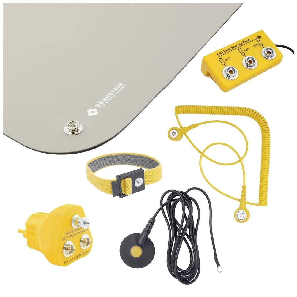 BERNSTEIN ESD Personenerdung Set inkl. Antistatik-Matte 90 x 61 cm | Antistatisches Armband & Erdungszubehör | Arbeitsmatte für Elektrostatische Ableitung
