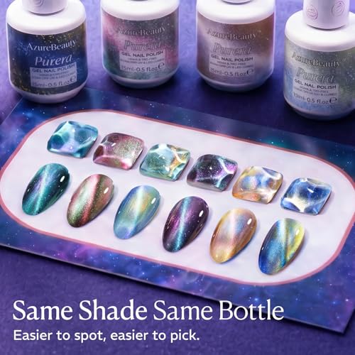 Image of AZUREBEAUTY 15ml HEMA Free Purera Cat Eye Gel Nail Polish Set with Magnet, 6 Colors Aurora Galaxy Shimmer Glitter Holographic Soak Off UV LED Nail Art for DIY at Home Manicure Salon Gift