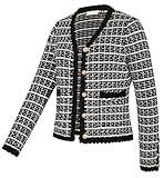 Belle Poque Women Cardigan Sweaters Tweed Jacket V Neck Sweater Blazer with Button for Fall Winter Spring Black S