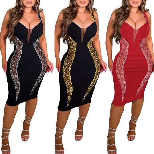 Image of PORRCEY Women's Sexy Elegant Rhinestone Bodycon Dress Hot Drilling Clubwear