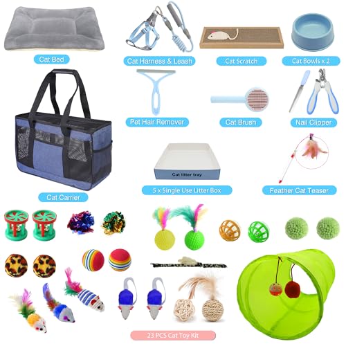 AURIXUS 39-teiliges Kitten-Starter-Set, ideal für Katzen unter 6 Monaten, Katzenbedarf, mit 23-teiligem Spielzeug-Set, Bett, Tragetasche, Einwegtoilette, Schalen und mehr, perfekt für neue