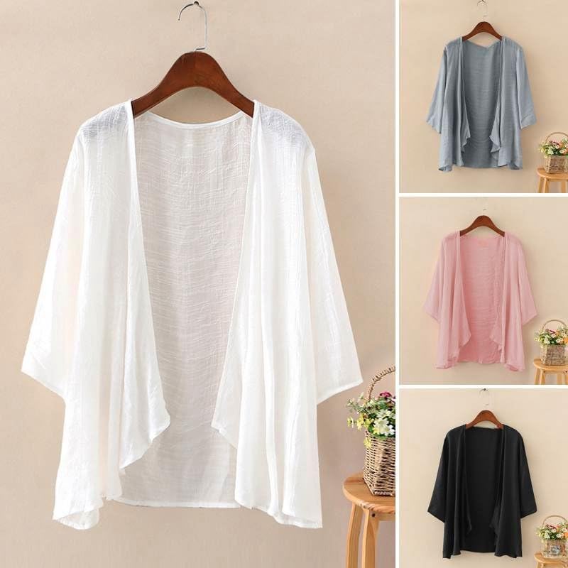 Cardigan da Donna in Lino E Cotone Leggero Bolero Giacca A Cascata Mezza Manica Estiva Copricostume Casual Aperto sul Davanti Kimono Camicetta Coprispalle