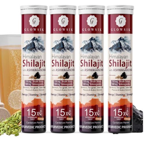 Image of GLOWSIK Himalayan Shilajit Original (750mg) 60 Effervescent Tablets, With Ashwagandha, Gokshura & Safed Musli for Strength, Performance & Muscle Recovery, Cardamom Flavour | Ayush Approved | Pack of 4