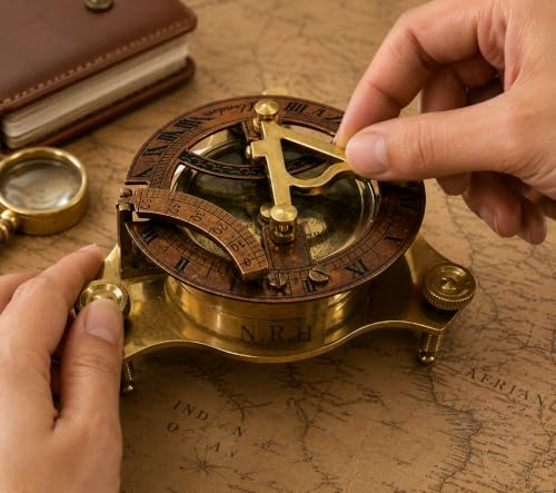Brújula de bolsillo de latón hecha a mano, reloj de sol redondo West London, accesorio steampunk, brújula para barco marino miniatura 4