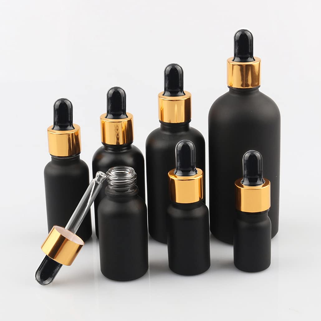 24 Piezas Negro Mate Frasco Cuentagotas Cristal 100ml, Botellas Cuentagotas Vacío con Pipeta de Vidrio Oro/Negro, para Fragancias de Aromaterapia de Aceites Esenciales, Masaje, Viaje