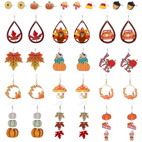 JOICEE 34 PCS Fall Thanksgiving Earrings Set,Autumn Earrings Set Pumpkin Turkey Maple Leaf Sunflower Wooden Dangle Earrings Stud Jewelry Earring Double Sided Print for Women Decor Halloween Party Gift