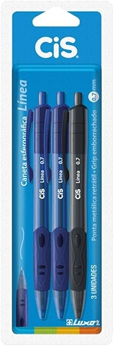 Caneta Esferográfica Línea Luxor 0.7 mm Blister CIS, 2 Azul/1 Preto, pacote de 3