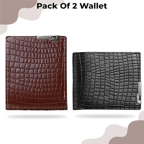 Image of Kraptick Men's Premium Textured Leather Wallet Stylish Bifold with Metal Accent Slim Travel Purse with Multi-Card Slots & Currency Compartment Ideal Gift for Men (Pack of 2) (Brown & Black)