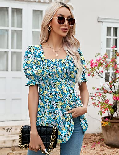 Lomon Women's 2023 Boho Floral Square Neck Smocked Tops Puff Short Sleeve Blouse Flowy Summer Tunic Top, L #TOP1