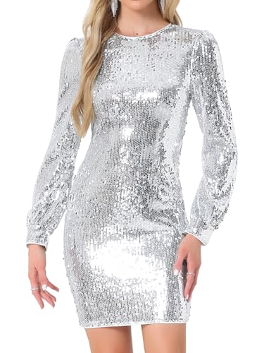 Image of Allegra K Sequin Dress for Women Party Cocktail Lantern Long Sleeve Sparkly Glitter Disco Outfits Bodycon Mini Dresses