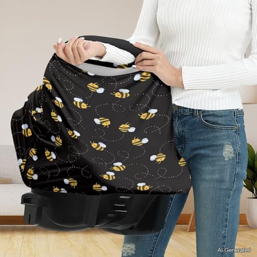 Image of Wanyint Bee Print Car Seat Covers for Babies Black Baby Car Seat Cover for Boys Girls - Breathable Breastfeeding Scarf Nursing Cover Carseat Canopy for Boys Girls