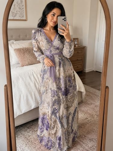 Image of PinkPatty Women's Print Maxi Dresses 3 /4 Sleeve Flowy Long Dress V Neck Wrap Tie Waist Sundress