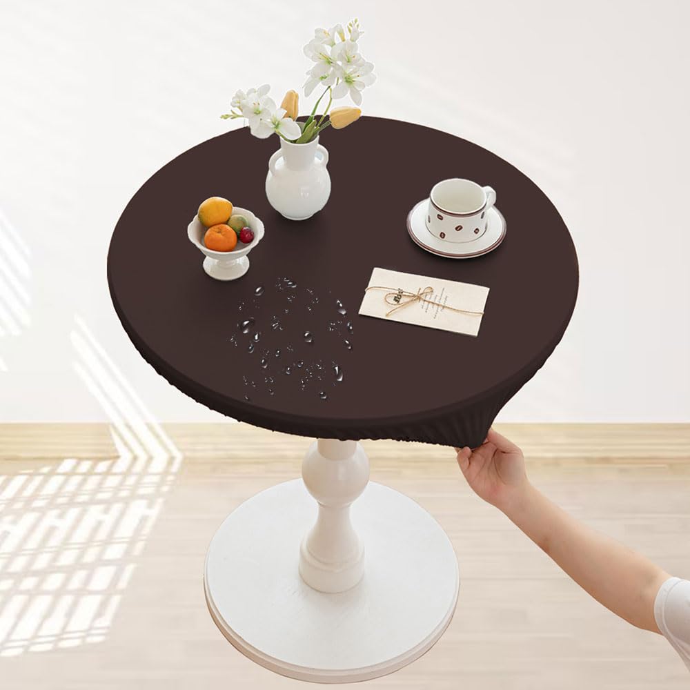 Lukery Fitted Elastic Round Tablecloth, Wipe Clean Tablecloths Waterproof Stain Resistant Table Decoration for Kitchen Garden Indoor Outdoor (Diameter 90cm,Coffee)